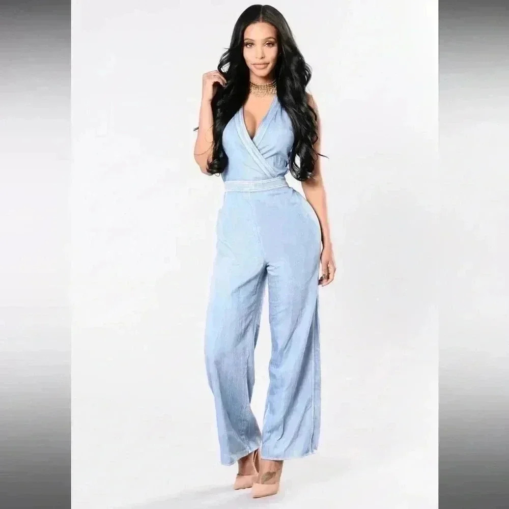 Fashion Nova Sky Blue Wrap Jumpsuit